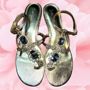 Lilly Pulitzer Glamorous Gold and Silver Jeweled Sandals with Ankle Straps, 7.5M